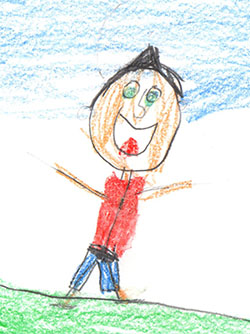 A child's drawing of a boy standing on a hill surrounded by luscious green grass.