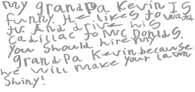 A handwritten letter about lawn care services to Grandpa Kevin.